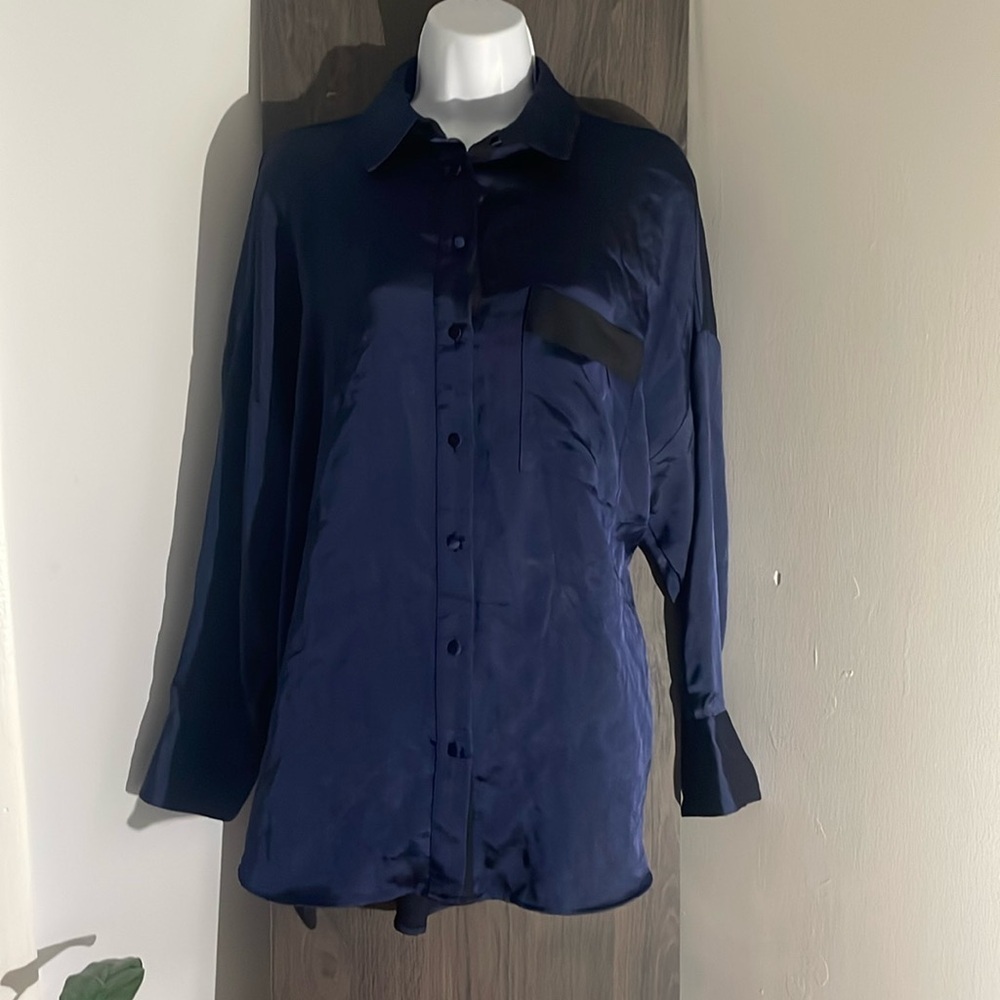 ZARA Blue Satin EffectOversized Button Down Shirt Blouse SilkySizeSmall …